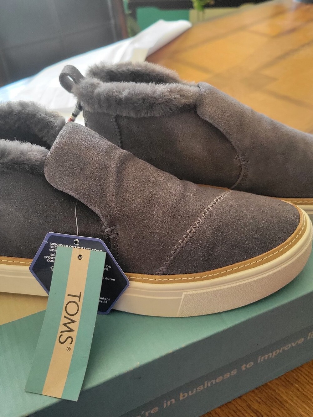 Toms Womens Gray Suede Fur-Lined Slip-On Loafers